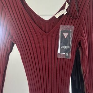Guess Red Ribbed Long Sleeve V-Neck Bodycon Dress